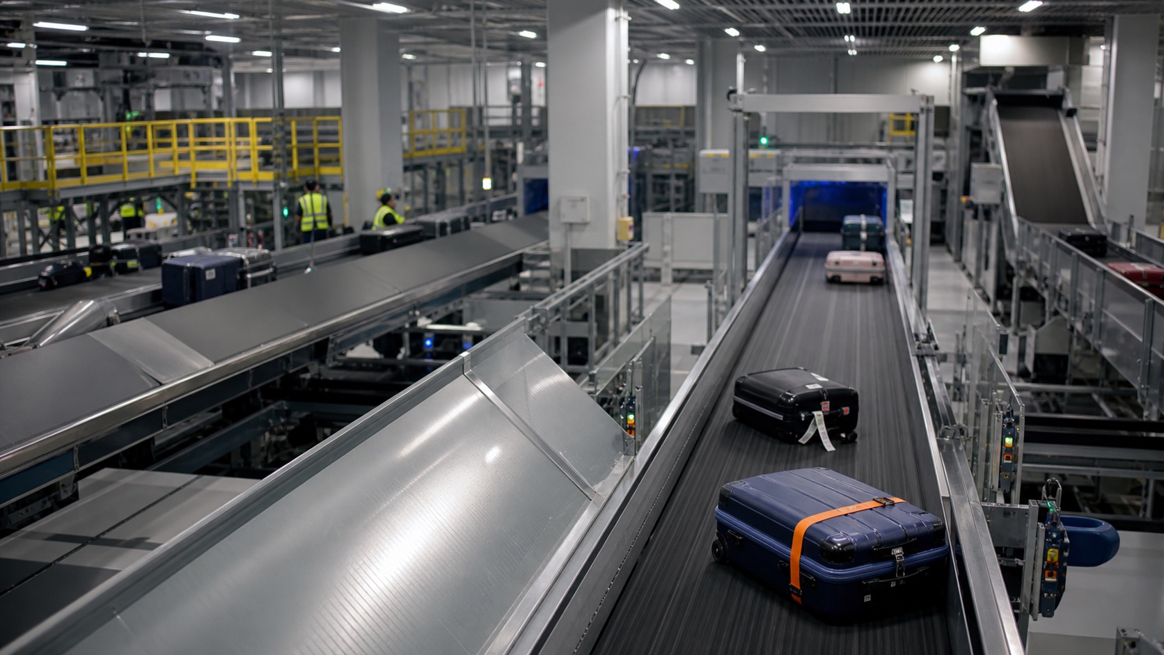 Suitcases moving through a modern airport baggage handling system