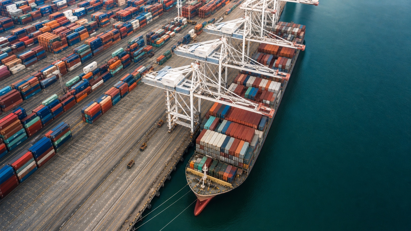 Container vessel alongside cranes and stacked cargo at a major port terminal