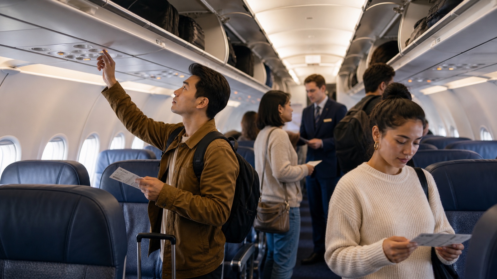 Travelers checking boarding passes inside an unbranded passenger aircraft cabin