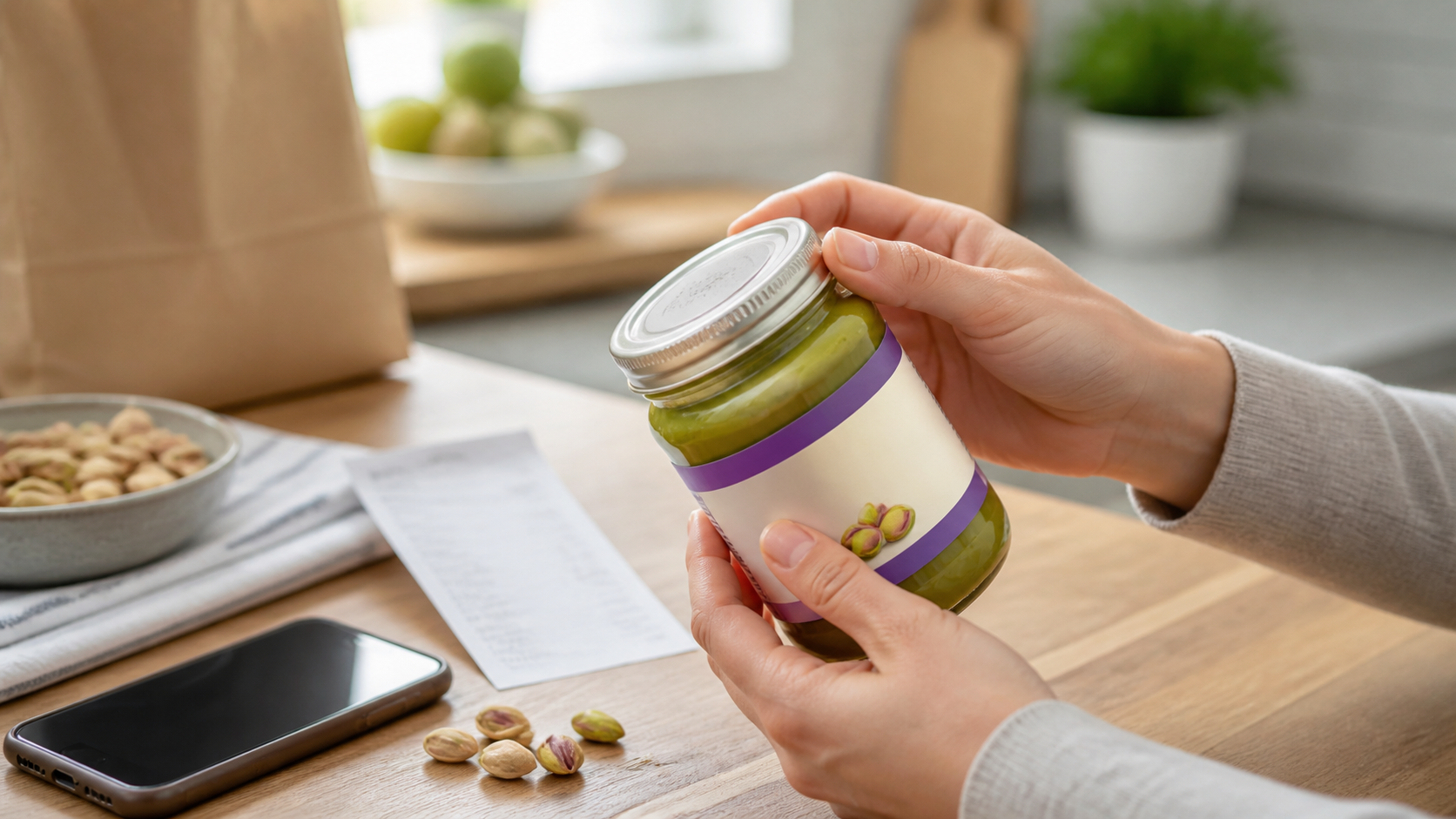 A shopper checking the lid and label of a generic pistachio spread jar at a kitchen table