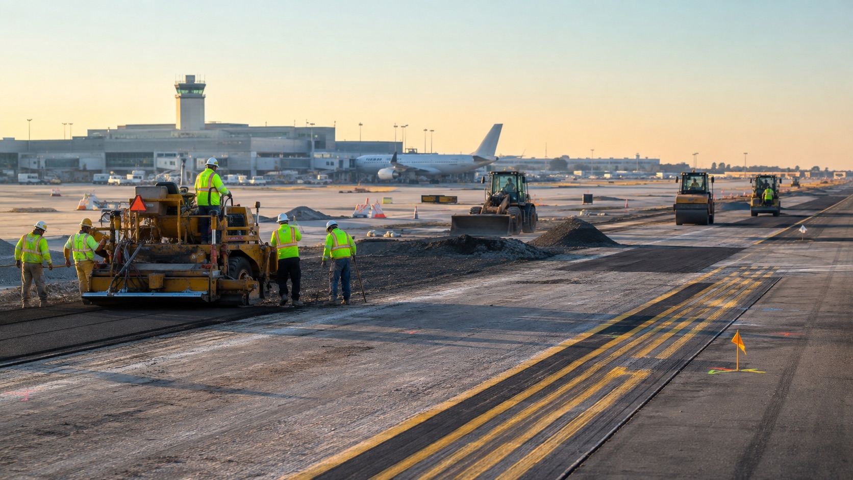 Airport construction crews resurfacing a runway and taxiway with an unbranded terminal and aircraft in the distance