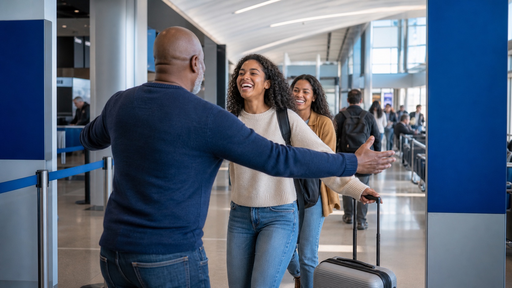 A visitor greeting arriving family members inside a modern airport concourse beyond the security checkpoint